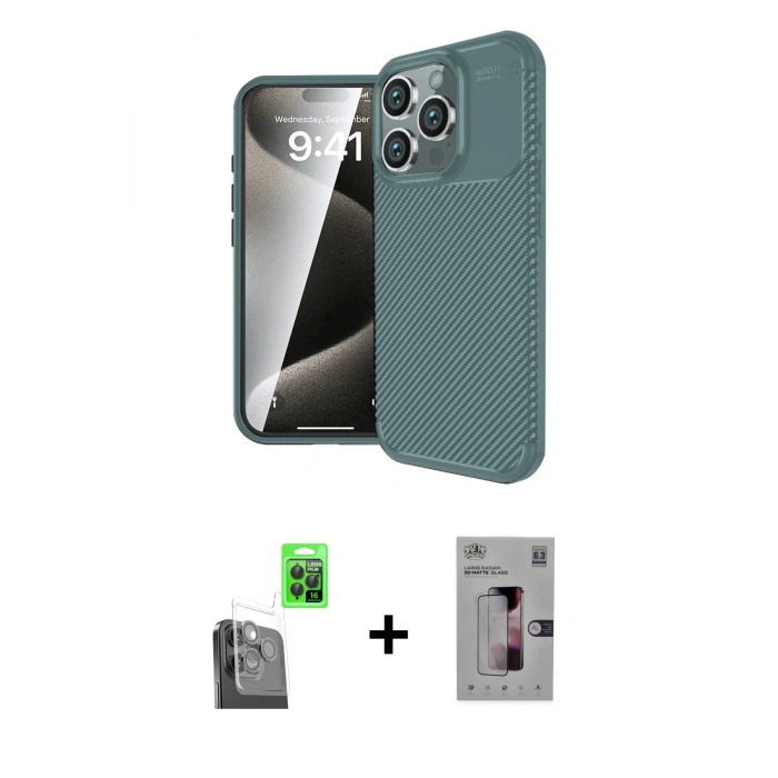 MARSİLYAN™- iPhone 16 Pro Kılıf Eksen Form Prime - Siyah Bilvis 3D Mat Cam Ekran Koruyucu + Raze Metal Kamera Lens - SH