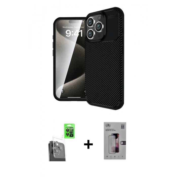 MARSİLYAN™- iPhone 16 Pro Kılıf Eksen Form Prime - Siyah Bilvis 3D Mat Cam Ekran Koruyucu + Raze Metal Kamera Lens - SH