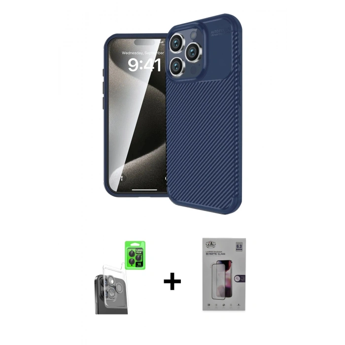 MARSİLYAN™- iPhone 16 Pro Kılıf Eksen Form Prime - Siyah Bilvis 3D Mat Cam Ekran Koruyucu + Raze Metal Kamera Lens - SH