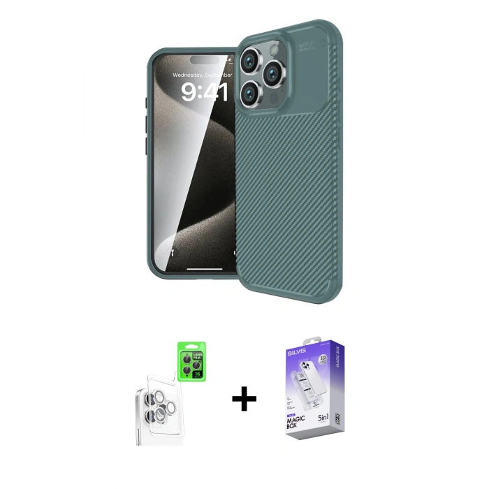 MARSİLYAN™- iPhone 16 Pro Kılıf Eksen Form Prime - Siyah Bilvis 5in1 3D Magic Cam Ekran Koruyucu + Raze Metal Kamera Lens - BZ