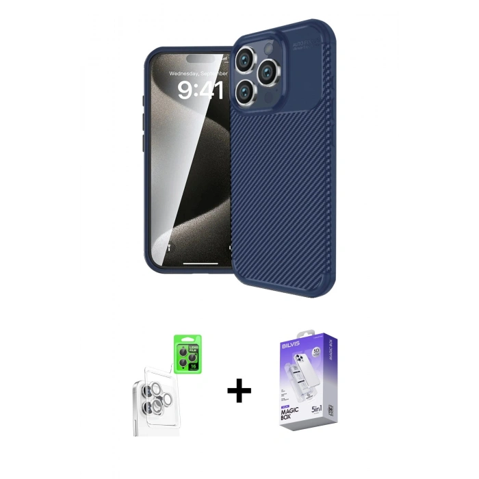 MARSİLYAN™- iPhone 16 Pro Kılıf Eksen Form Prime - Siyah Bilvis 5in1 3D Magic Cam Ekran Koruyucu + Raze Metal Kamera Lens - BZ