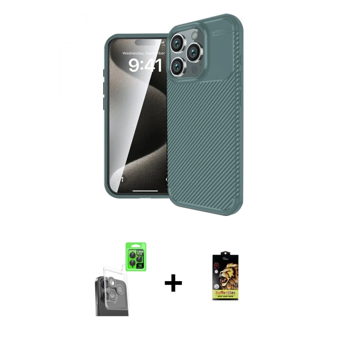 MARSİLYAN™- iPhone 16 Pro Kılıf Eksen Form Prime - Siyah Buffer Cam Ekran Koruyucu + Raze Metal Kamera Lens - SH