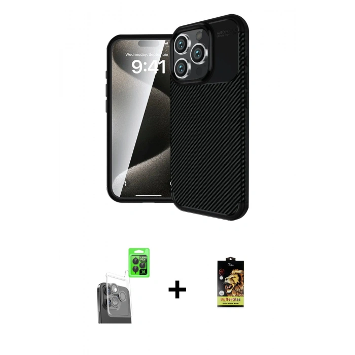 MARSİLYAN™- iPhone 16 Pro Kılıf Eksen Form Prime - Siyah Buffer Cam Ekran Koruyucu + Raze Metal Kamera Lens - SH