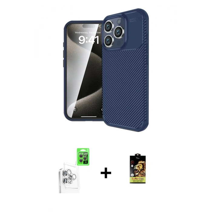 MARSİLYAN™- iPhone 16 Pro Kılıf Eksen Form Prime - Siyah Buffer Cam Ekran Koruyucu + Raze Metal Kamera Lens - BZ
