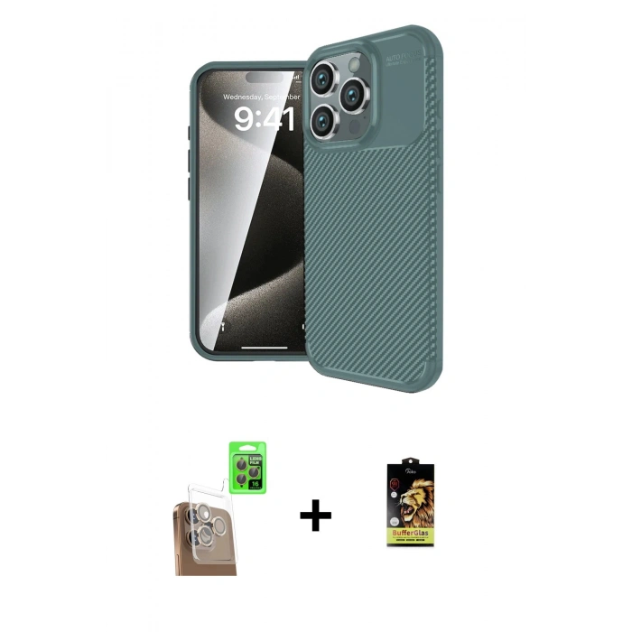 MARSİLYAN™- iPhone 16 Pro Kılıf Eksen Form Prime - Siyah Buffer Cam Ekran Koruyucu + Raze Metal Kamera Lens - CLTM