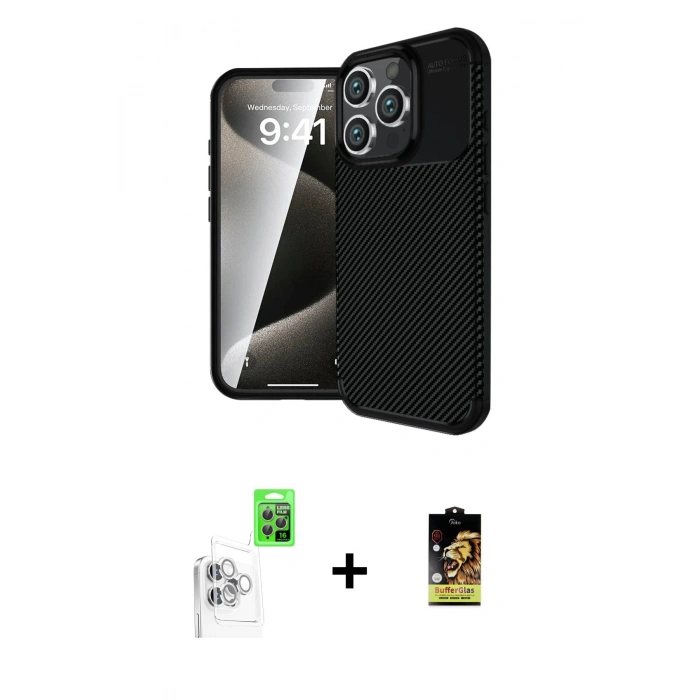 MARSİLYAN™- iPhone 16 Pro Kılıf Eksen Form Prime - Siyah Buffer Cam Ekran Koruyucu + Raze Metal Kamera Lens - BZ