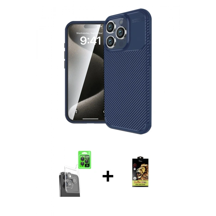 MARSİLYAN™- iPhone 16 Pro Kılıf Eksen Form Prime - Siyah Buffer Cam Ekran Koruyucu + Raze Metal Kamera Lens - SH