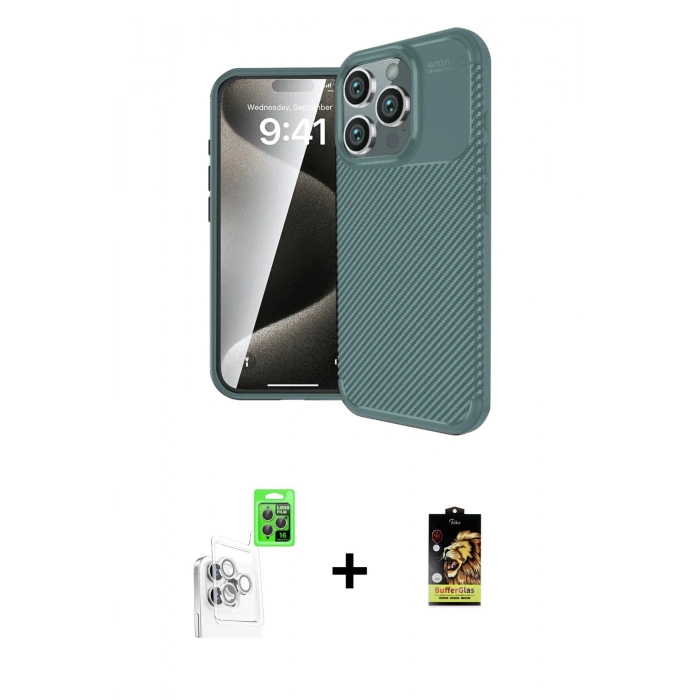 MARSİLYAN™- iPhone 16 Pro Kılıf Eksen Form Prime - Siyah Buffer Cam Ekran Koruyucu + Raze Metal Kamera Lens - BZ