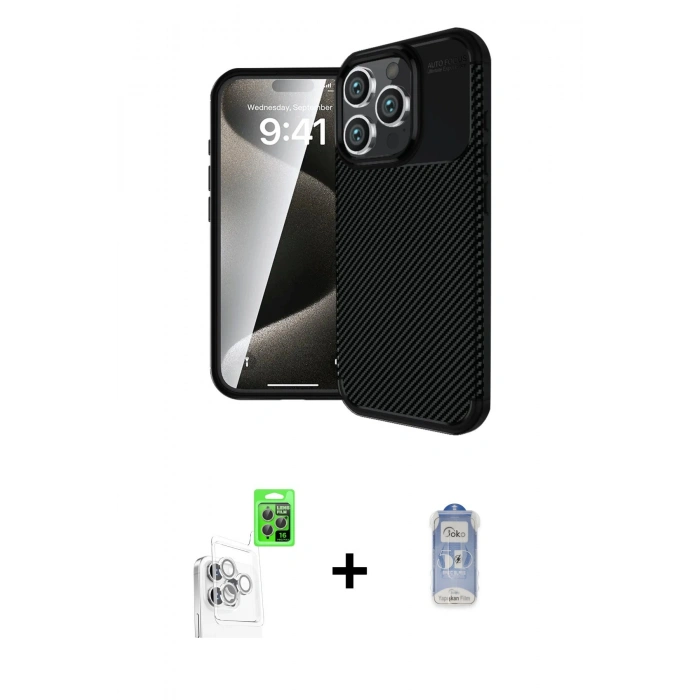 MARSİLYAN™- iPhone 16 Pro Kılıf Eksen Form Prime - Siyah Joko Magic 5D Cam + Raze Metal Kamera Lens - BZ