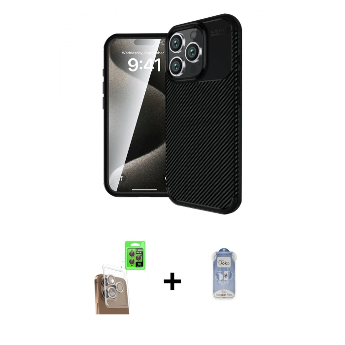 MARSİLYAN™- iPhone 16 Pro Kılıf Eksen Form Prime - Siyah Joko Magic 5D Cam + Raze Metal Kamera Lens - CLTM