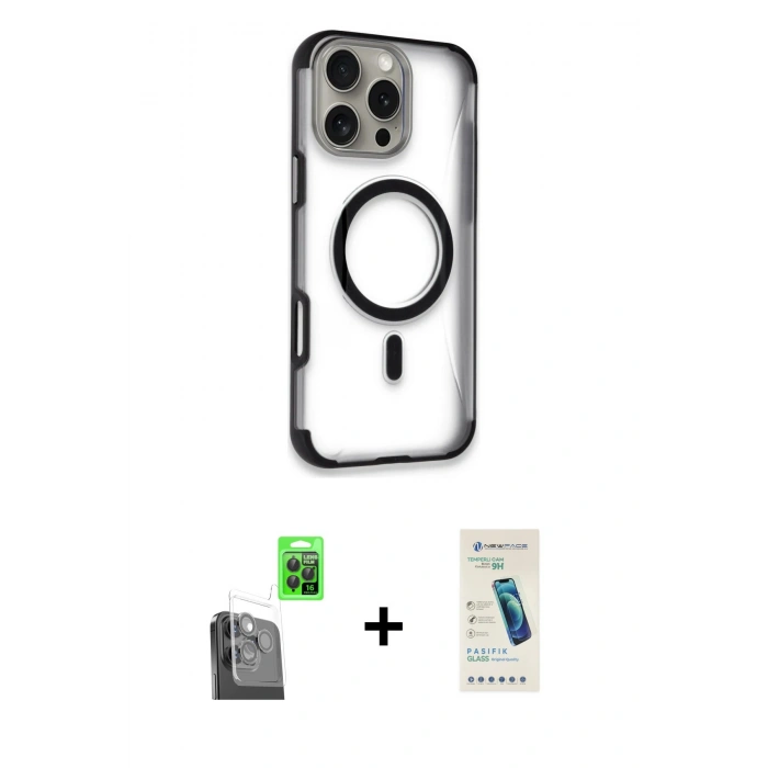 MARSİLYAN™- iPhone 16 Pro Kılıf Eksen Klasik Koleksiyonu - Şeffaf Pasifik Cam Ekran Koruyucu + Raze Metal Kamera Lens - SH