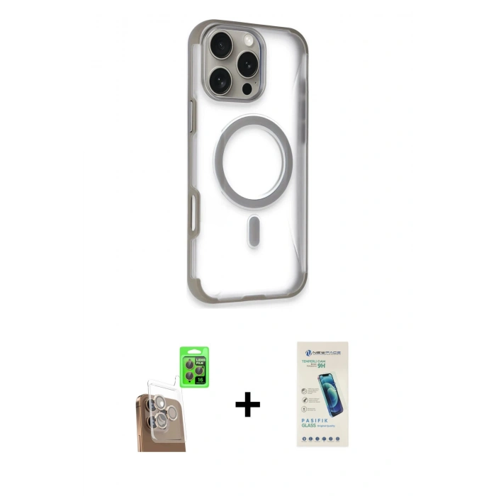 MARSİLYAN™- iPhone 16 Pro Kılıf Eksen Klasik Koleksiyonu - Şeffaf Pasifik Cam Ekran Koruyucu + Raze Metal Kamera Lens - CLTM