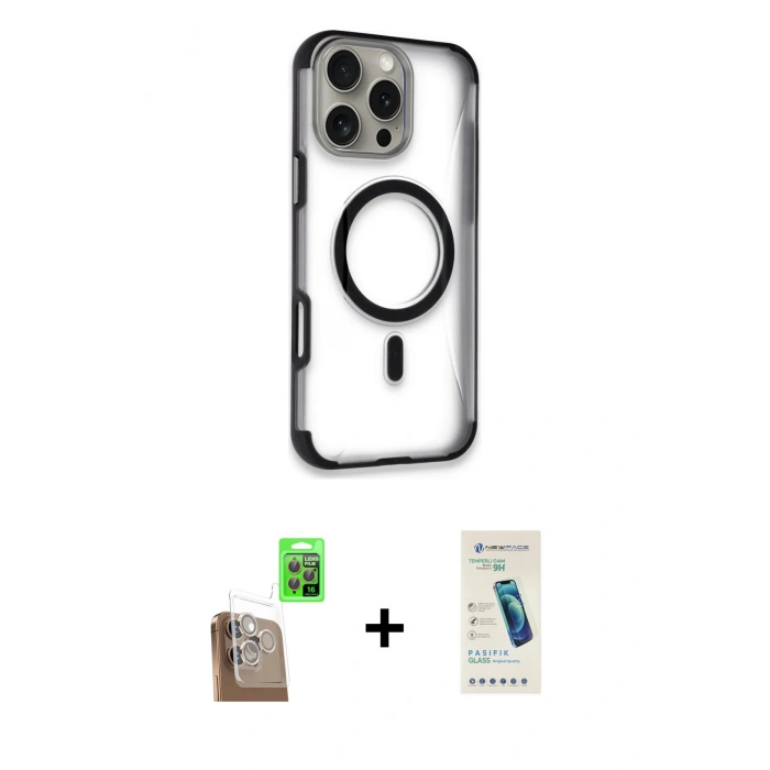 MARSİLYAN™- iPhone 16 Pro Kılıf Eksen Klasik Koleksiyonu - Şeffaf Pasifik Cam Ekran Koruyucu + Raze Metal Kamera Lens - CLTM