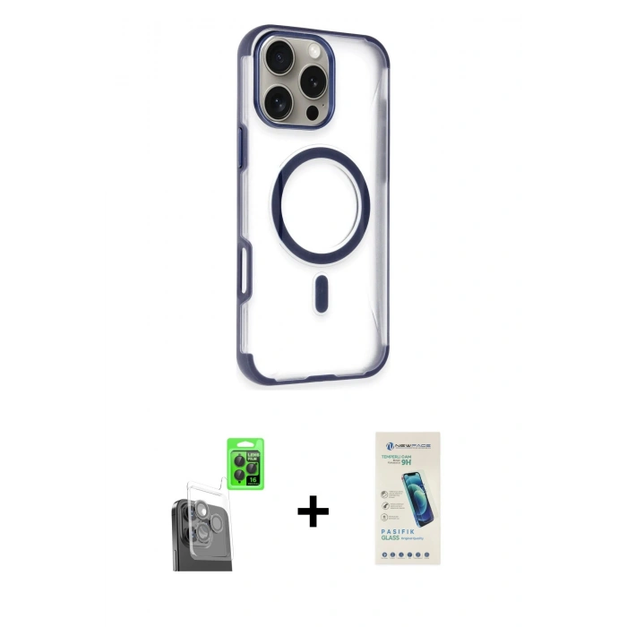 MARSİLYAN™- iPhone 16 Pro Kılıf Eksen Klasik Koleksiyonu - Şeffaf Pasifik Cam Ekran Koruyucu + Raze Metal Kamera Lens - SH
