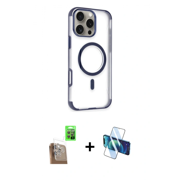 MARSİLYAN™- iPhone 16 Pro Kılıf Eksen Klasik Koleksiyonu - Siyah 3D Antistatik Cam Ekran Koruyucu + Raze Metal Kamera Lens - CLTM