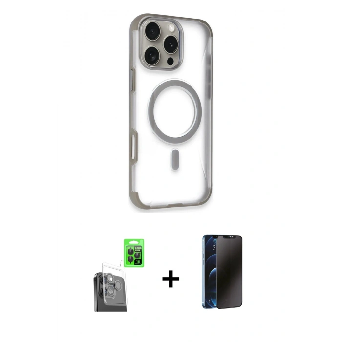 MARSİLYAN™- iPhone 16 Pro Kılıf Eksen Klasik Koleksiyonu - Siyah 3D Antistatik Hayalet Cam Ekran Koruyucu + Raze Metal Kamera Lens - SH
