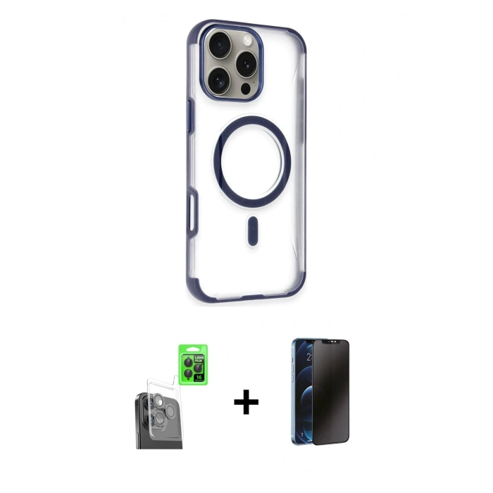 MARSİLYAN™- iPhone 16 Pro Kılıf Eksen Klasik Koleksiyonu - Siyah 3D Antistatik Hayalet Cam Ekran Koruyucu + Raze Metal Kamera Lens - SH