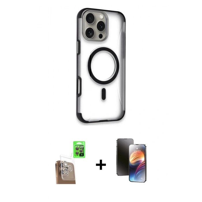 MARSİLYAN™- iPhone 16 Pro Kılıf Eksen Klasik Koleksiyonu - Siyah 3D Antistatik Mat Seramik Nano Ekran Koruyucu + Raze Metal Kamera Lens - CLTM