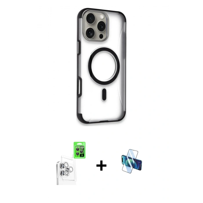 MARSİLYAN™- iPhone 16 Pro Kılıf Eksen Klasik Koleksiyonu - Siyah 3D Antistatik Seramik Nano Ekran Koruyucu + Raze Metal Kamera Lens - BZ