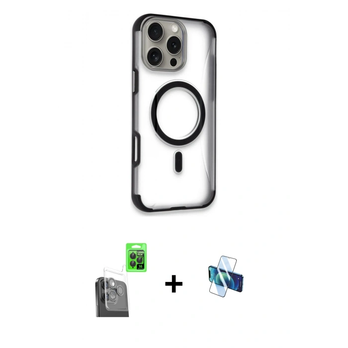 MARSİLYAN™- iPhone 16 Pro Kılıf Eksen Klasik Koleksiyonu - Siyah 3D Antistatik Seramik Nano Ekran Koruyucu + Raze Metal Kamera Lens - SH
