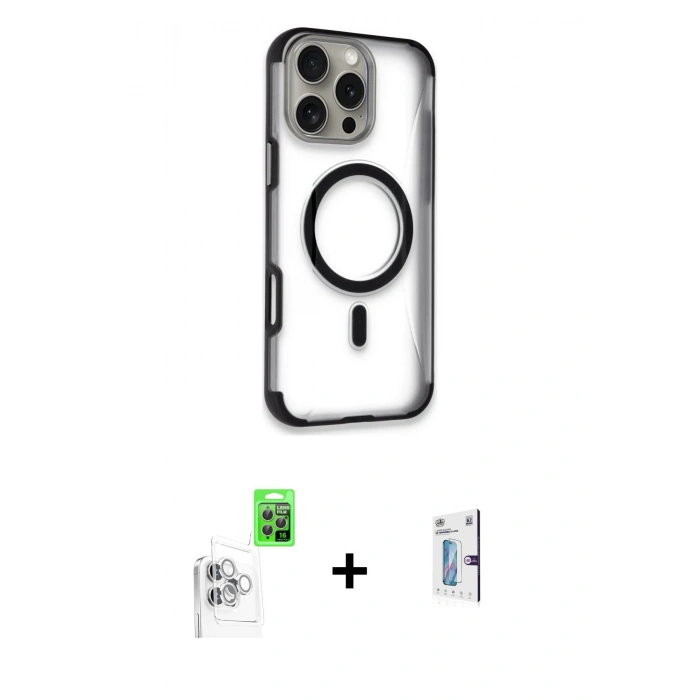 MARSİLYAN™- iPhone 16 Pro Kılıf Eksen Klasik Koleksiyonu - Siyah Bilvis 0.18mm Plus Cam Ekran Koruyucu + Beyaz Raze Metal Kamera Lens