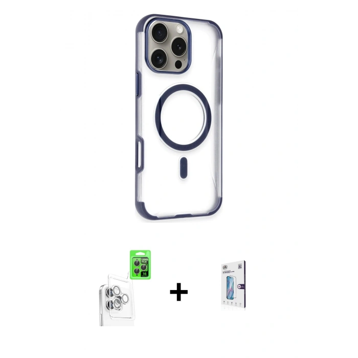MARSİLYAN™- iPhone 16 Pro Kılıf Eksen Klasik Koleksiyonu - Siyah Bilvis 0.18mm Plus Cam Ekran Koruyucu + Beyaz Raze Metal Kamera Lens