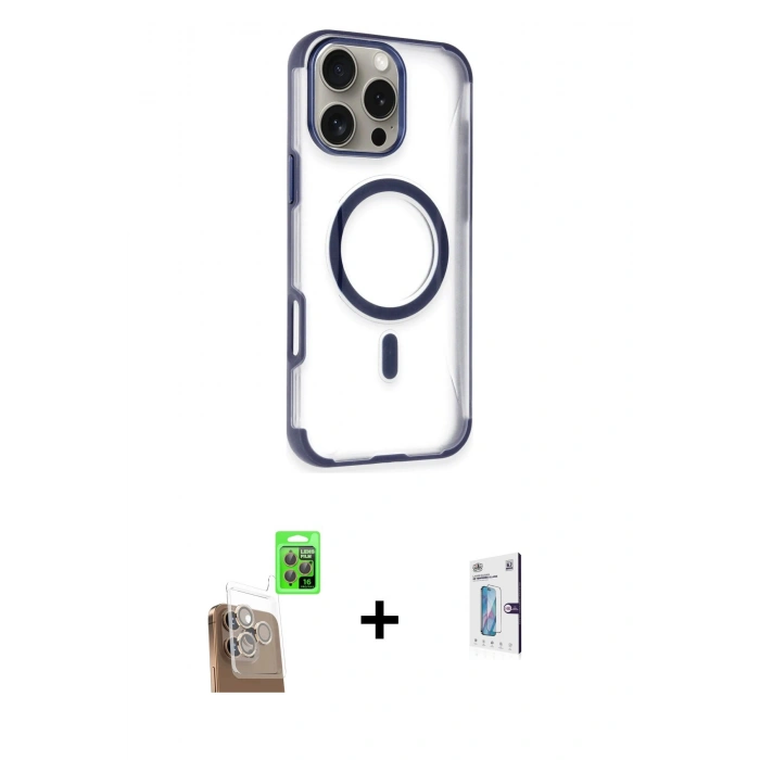 MARSİLYAN™- iPhone 16 Pro Kılıf Eksen Klasik Koleksiyonu - Siyah Bilvis 0.18mm Plus Cam Ekran Koruyucu + Raze Metal Kamera Lens - CLTM
