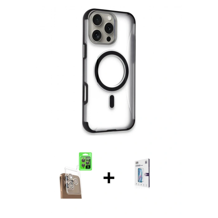 MARSİLYAN™- iPhone 16 Pro Kılıf Eksen Klasik Koleksiyonu - Siyah Bilvis 0.18mm Plus Cam Ekran Koruyucu + Raze Metal Kamera Lens - CLTM