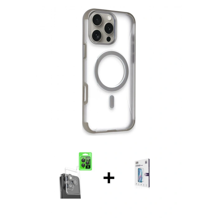 MARSİLYAN™- iPhone 16 Pro Kılıf Eksen Klasik Koleksiyonu - Siyah Bilvis 0.18mm Plus Cam Ekran Koruyucu + Raze Metal Kamera Lens - SH