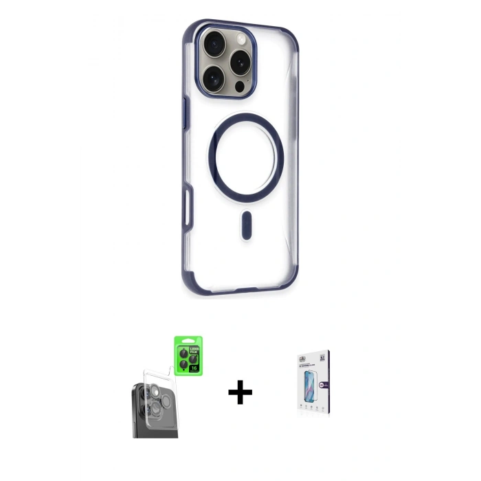 MARSİLYAN™- iPhone 16 Pro Kılıf Eksen Klasik Koleksiyonu - Siyah Bilvis 0.18mm Plus Cam Ekran Koruyucu + Raze Metal Kamera Lens - SH