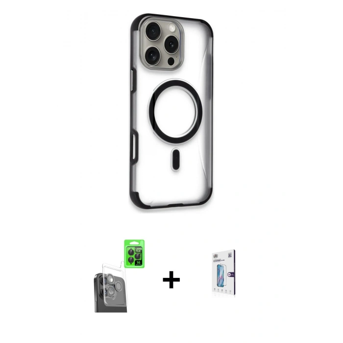 MARSİLYAN™- iPhone 16 Pro Kılıf Eksen Klasik Koleksiyonu - Siyah Bilvis 0.18mm Plus Cam Ekran Koruyucu + Raze Metal Kamera Lens - SH