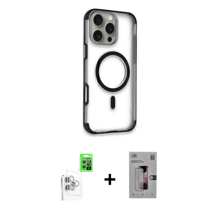 MARSİLYAN™- iPhone 16 Pro Kılıf Eksen Klasik Koleksiyonu - Siyah Bilvis 3D Mat Cam Ekran Koruyucu + Raze Metal Kamera Lens - BZ
