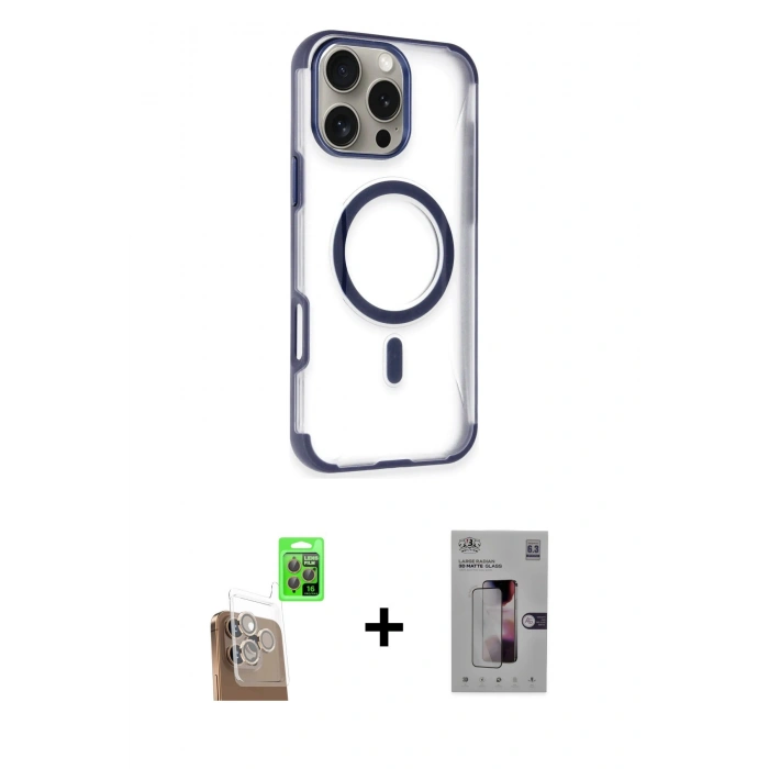 MARSİLYAN™- iPhone 16 Pro Kılıf Eksen Klasik Koleksiyonu - Siyah Bilvis 3D Mat Cam Ekran Koruyucu + Raze Metal Kamera Lens - CLTM