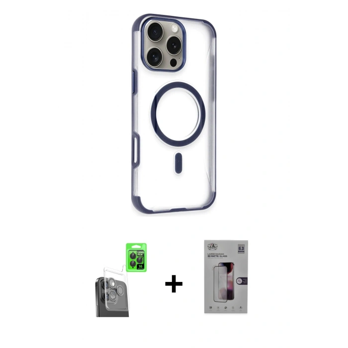 MARSİLYAN™- iPhone 16 Pro Kılıf Eksen Klasik Koleksiyonu - Siyah Bilvis 3D Mat Cam Ekran Koruyucu + Raze Metal Kamera Lens - SH