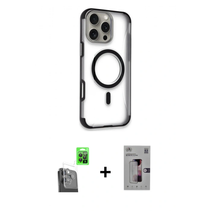 MARSİLYAN™- iPhone 16 Pro Kılıf Eksen Klasik Koleksiyonu - Siyah Bilvis 3D Mat Cam Ekran Koruyucu + Raze Metal Kamera Lens - SH