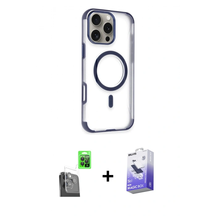 MARSİLYAN™- iPhone 16 Pro Kılıf Eksen Klasik Koleksiyonu - Siyah Bilvis 5in1 5D Magic Hayalet Cam Ekran Koruyucu + Raze Metal Kamera Lens - SH