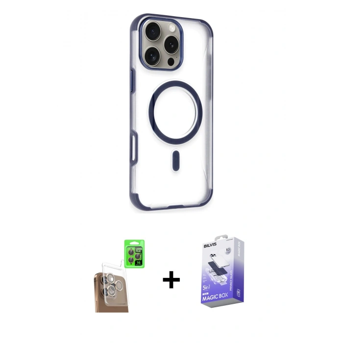 MARSİLYAN™- iPhone 16 Pro Kılıf Eksen Klasik Koleksiyonu - Siyah Bilvis 5in1 5D Magic Hayalet Cam Ekran Koruyucu + Raze Metal Kamera Lens - CLTM