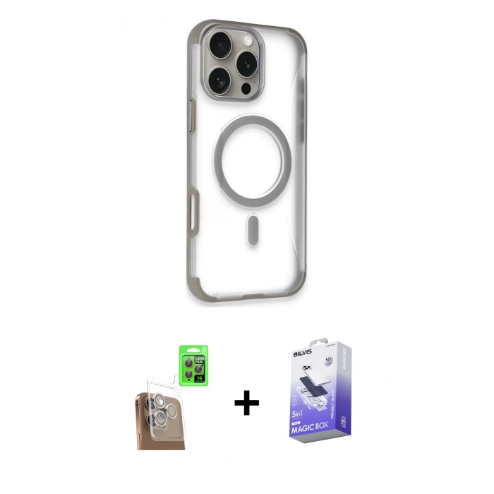 MARSİLYAN™- iPhone 16 Pro Kılıf Eksen Klasik Koleksiyonu - Siyah Bilvis 5in1 5D Magic Hayalet Cam Ekran Koruyucu + Raze Metal Kamera Lens - CLTM