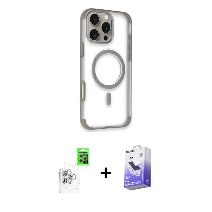 MARSİLYAN™- iPhone 16 Pro Kılıf Eksen Klasik Koleksiyonu - Siyah Bilvis 5in1 5D Magic Hayalet Cam Ekran Koruyucu + Raze Metal Kamera Lens - BZ