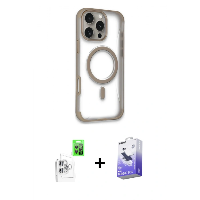 MARSİLYAN™- iPhone 16 Pro Kılıf Eksen Klasik Koleksiyonu - Siyah Bilvis 5in1 5D Magic Hayalet Cam Ekran Koruyucu + Raze Metal Kamera Lens - BZ
