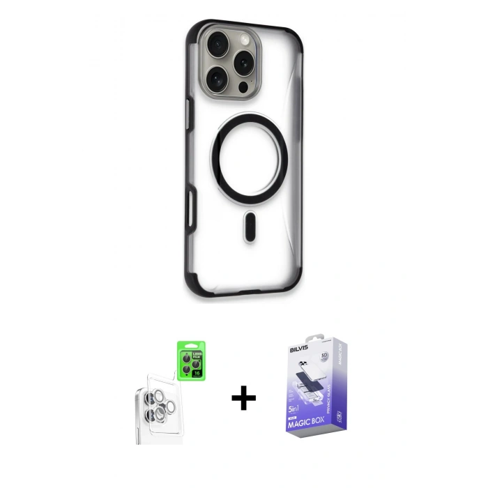 MARSİLYAN™- iPhone 16 Pro Kılıf Eksen Klasik Koleksiyonu - Siyah Bilvis 5in1 5D Magic Hayalet Cam Ekran Koruyucu + Raze Metal Kamera Lens - BZ