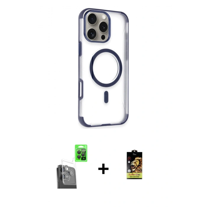 MARSİLYAN™- iPhone 16 Pro Kılıf Eksen Klasik Koleksiyonu - Siyah Buffer Cam Ekran Koruyucu + Raze Metal Kamera Lens - SH