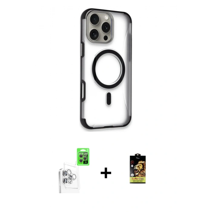 MARSİLYAN™- iPhone 16 Pro Kılıf Eksen Klasik Koleksiyonu - Siyah Buffer Cam Ekran Koruyucu + Raze Metal Kamera Lens - BZ