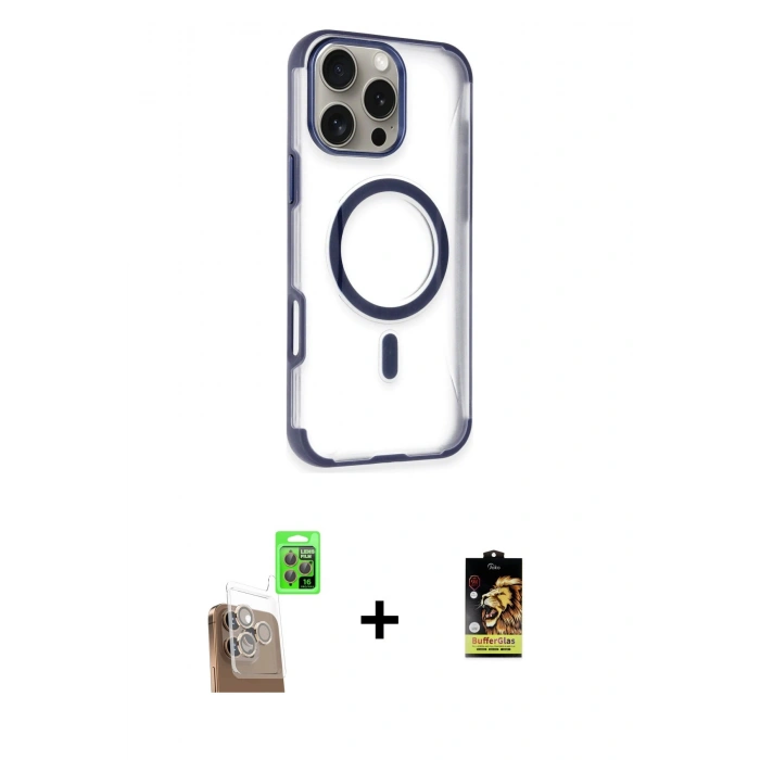 MARSİLYAN™- iPhone 16 Pro Kılıf Eksen Klasik Koleksiyonu - Siyah Buffer Cam Ekran Koruyucu + Raze Metal Kamera Lens - CLTM