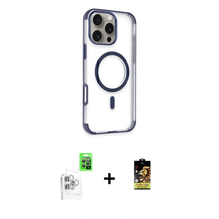 MARSİLYAN™- iPhone 16 Pro Kılıf Eksen Klasik Koleksiyonu - Siyah Buffer Cam Ekran Koruyucu + Raze Metal Kamera Lens - BZ