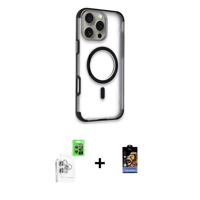 MARSİLYAN™- iPhone 16 Pro Kılıf Eksen Klasik Koleksiyonu - Siyah Buffer Hayalet Cam Ekran Koruyucu + Raze Metal Kamera Lens - BZ