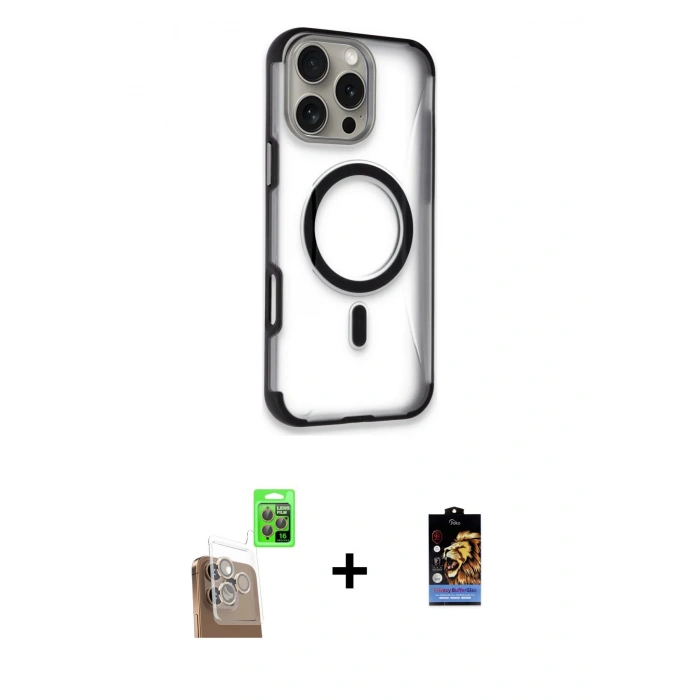 MARSİLYAN™- iPhone 16 Pro Kılıf Eksen Klasik Koleksiyonu - Siyah Buffer Hayalet Cam Ekran Koruyucu + Raze Metal Kamera Lens - CLTM
