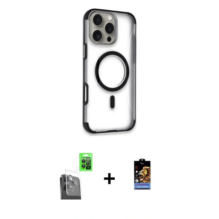 MARSİLYAN™- iPhone 16 Pro Kılıf Eksen Klasik Koleksiyonu - Siyah Buffer Hayalet Cam Ekran Koruyucu + Raze Metal Kamera Lens - SH