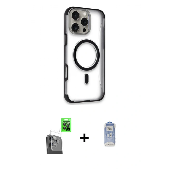MARSİLYAN™- iPhone 16 Pro Kılıf Eksen Klasik Koleksiyonu - Siyah Joko Magic 5D Cam + Raze Metal Kamera Lens - SH
