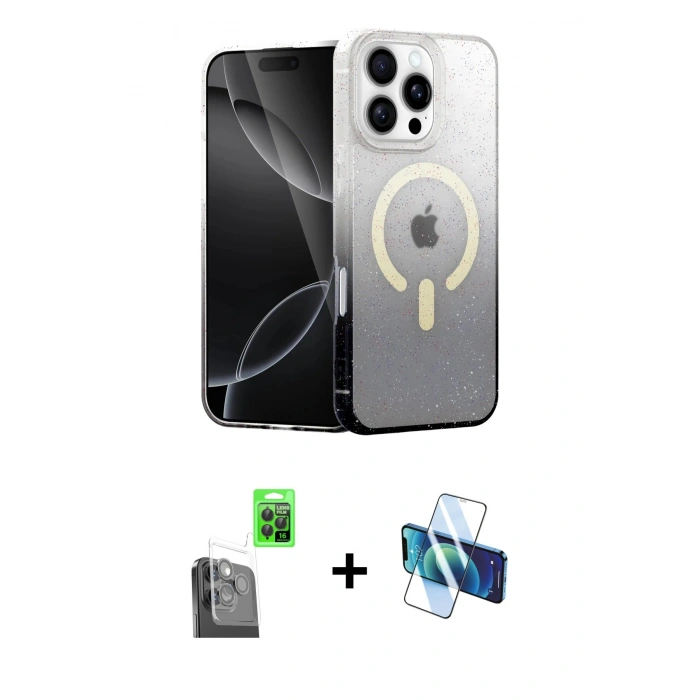 MARSİLYAN™- iPhone 16 Pro Kılıf Eksen Minimal Özel Seri - Siyah 3D Antistatik Cam Ekran Koruyucu + Raze Metal Kamera Lens - SH